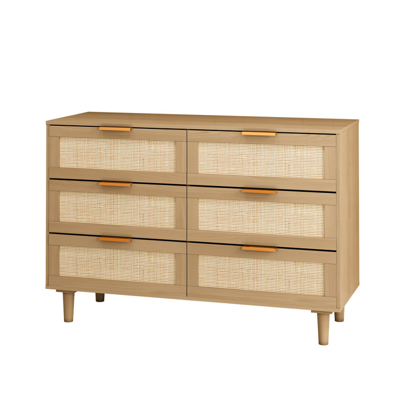 Multi purpose Rattan 6 Drawer Dresser,Modern Storage Cabinet with Wooden Legs, Oak, 29.53" H x  43.31" W x 15.75" D, No