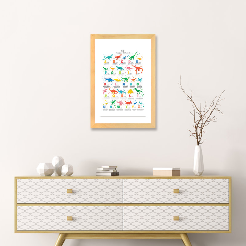 Dinosaur Alphabet - impression d'art graphique, H 24 po x l 16 po x P 1 po, Blanc, Papier avec cadre beige