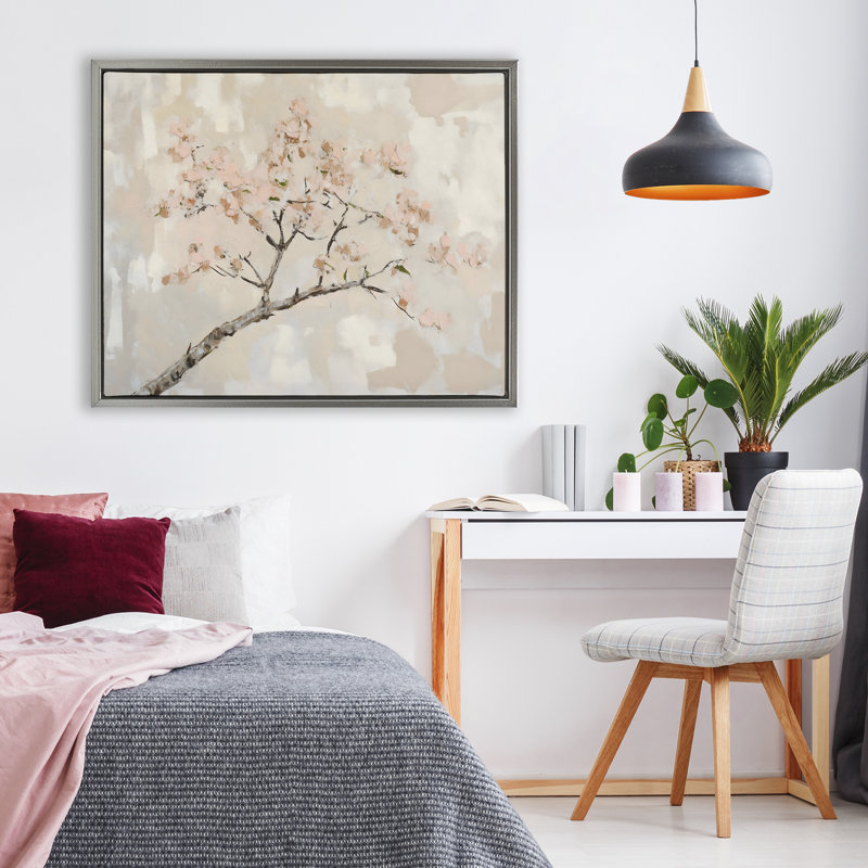 Cadre flottant discret avec branches de cerisier en fleurs, design par Franklyn Gregory, Cadre flottant gris lustré