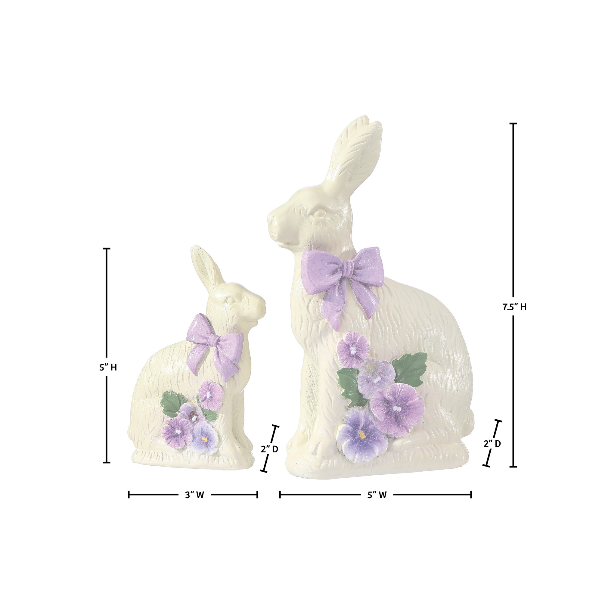 5-7.5" Resin Chocolate Bunny With Pansy Set of 2, Cream