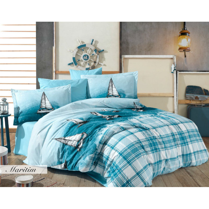Ensemble de housse de couette 100% coton 3 pièces Blanco, Bleu / blanc