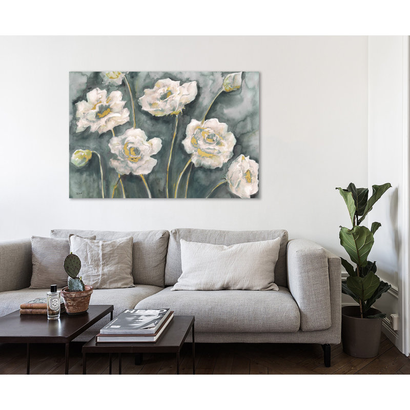Watercolors Grey & White Florals With Gold par Tre Sorelle Studios - impression sur toile tendue