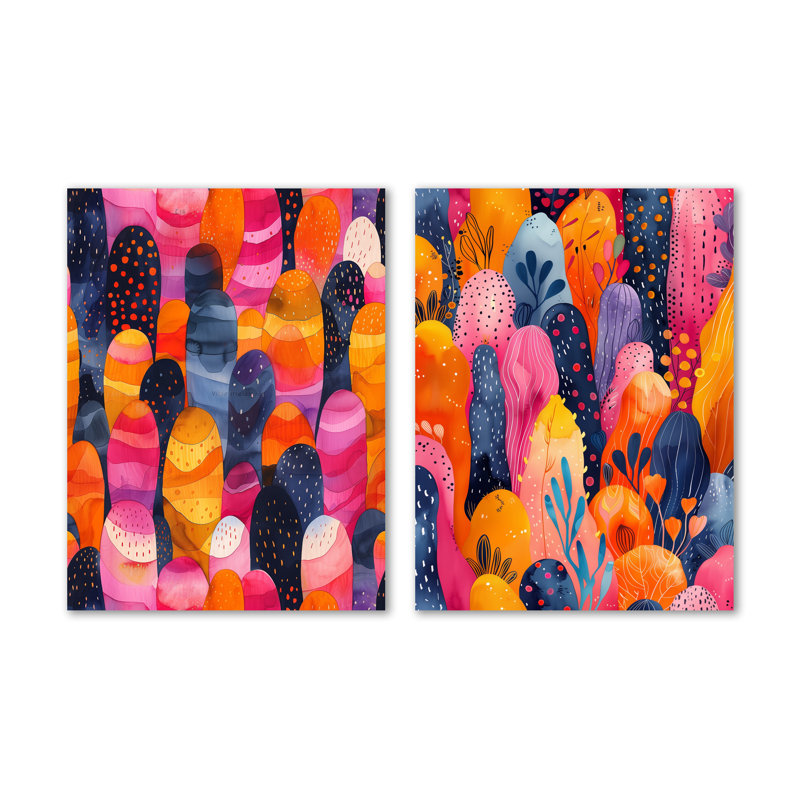 «Pink Blue Boho Dots and Stripes I», ensemble de 2 reproductions d'art murales modernes en métal, 32" H x 48" W