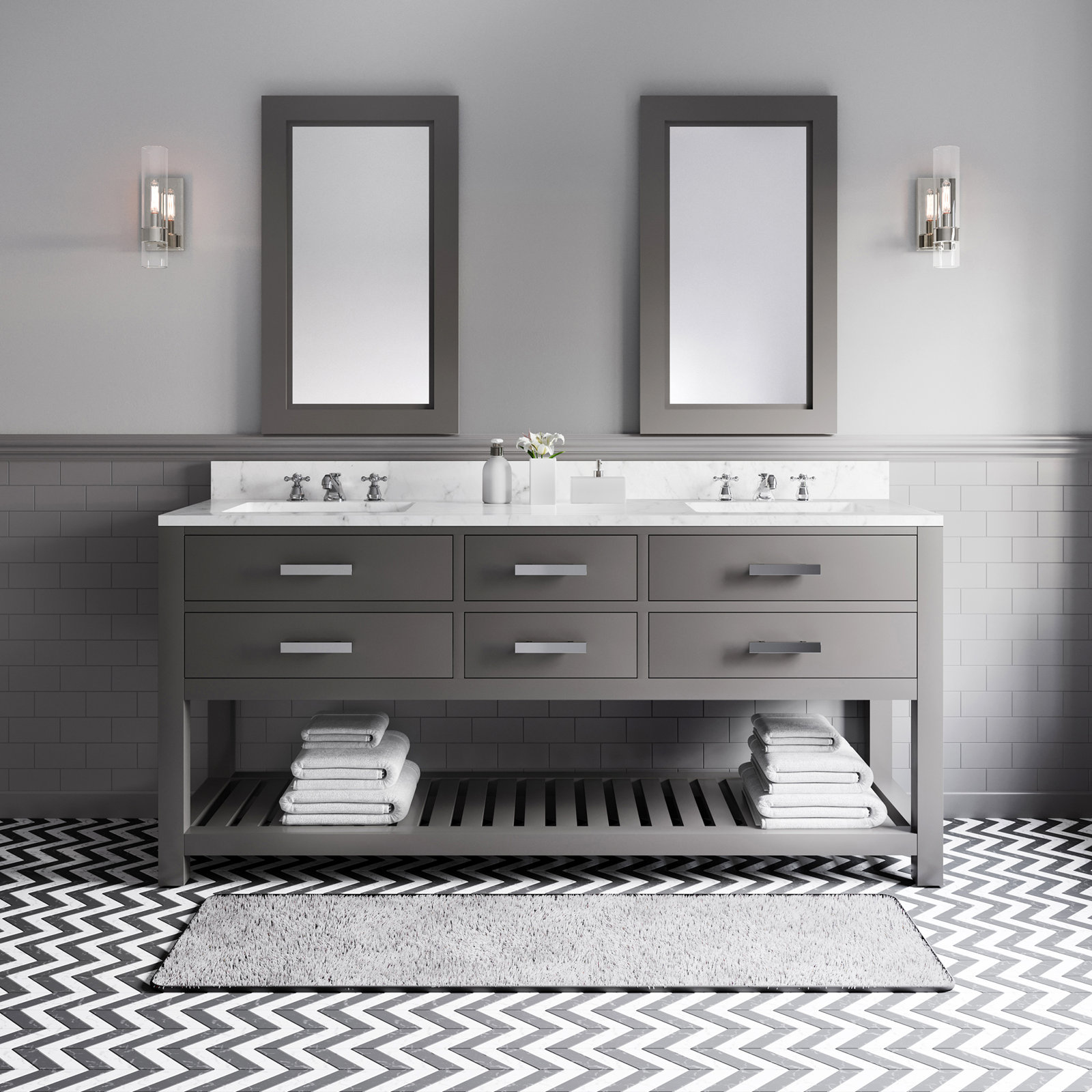 60" Pine Double Bathroom Vanity, 34" H x 72" W x 21.5"D, Gray