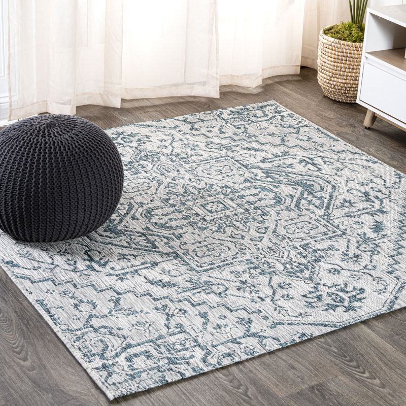 Truman Bohemian Medallion Textured Weave Teal/Gray Indoor/Outdoor Rug, Square 9'