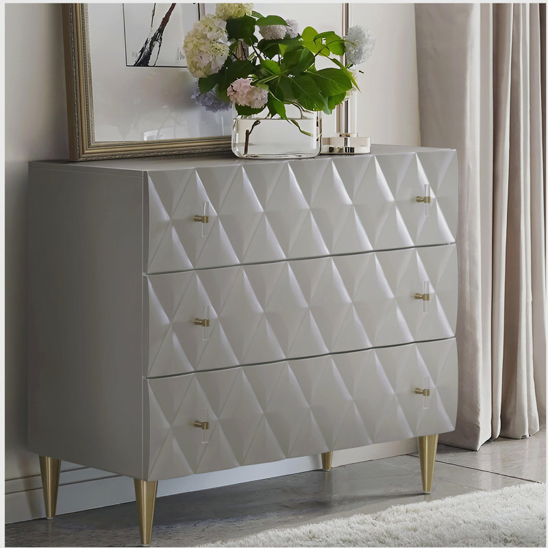 Console 3D à motif de losanges avec 3 tiroirs en argent métallique et champagne