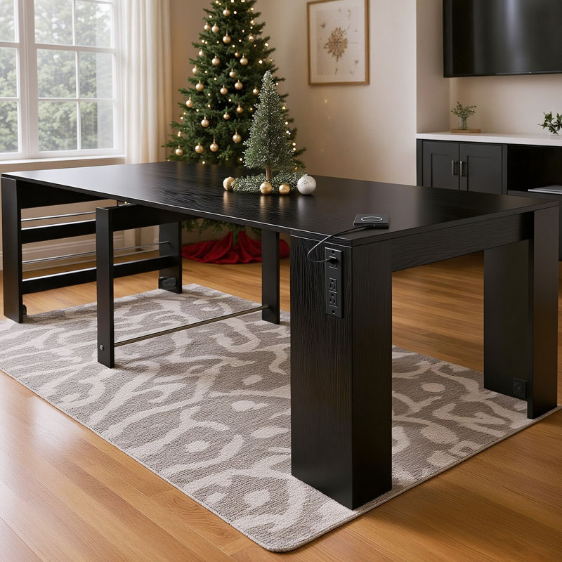 20-118" Extendable Folding Dining Table with USB Charging Ports and Side Storage Shelves, Black