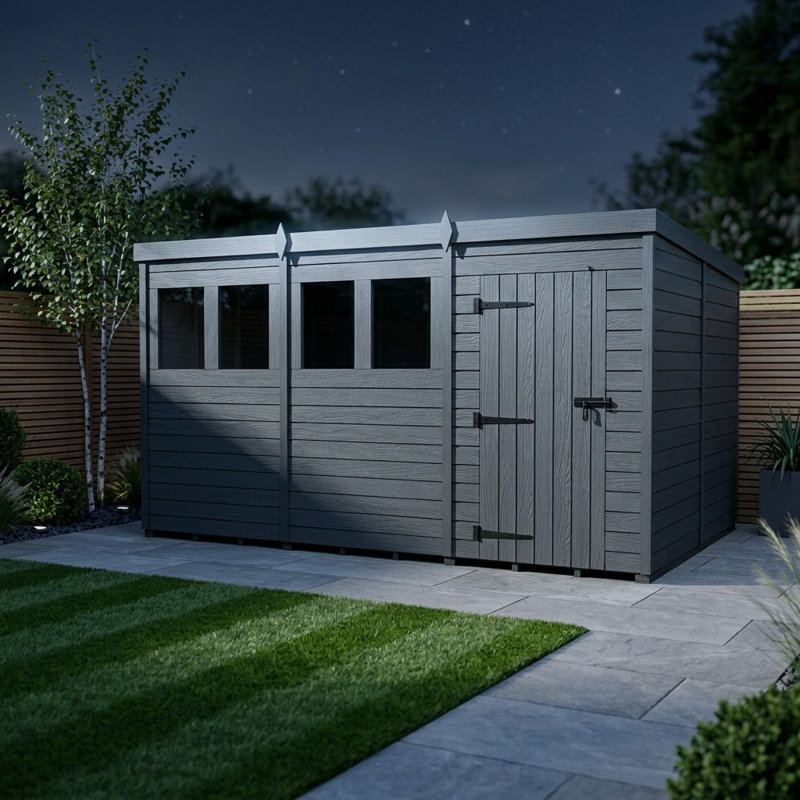 Total Sheds 14ft x 8ft Composite Pent Garden Shed - Single Door - With Windows - EPDM Rubber Roof - UK Manufactured