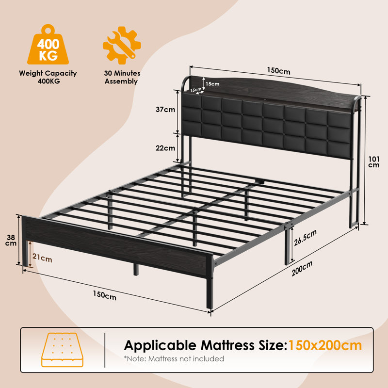 Upholstered Bed Frame with Open Storage Headboard, Charging Station, Kingsize (5')