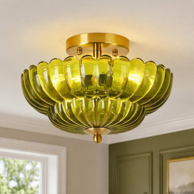 Plafonnier semi-encastré 3 lumières rétro avec abat-jour en verre pour l'entrée de la chambre à coucher, vert et or 11,8 po
