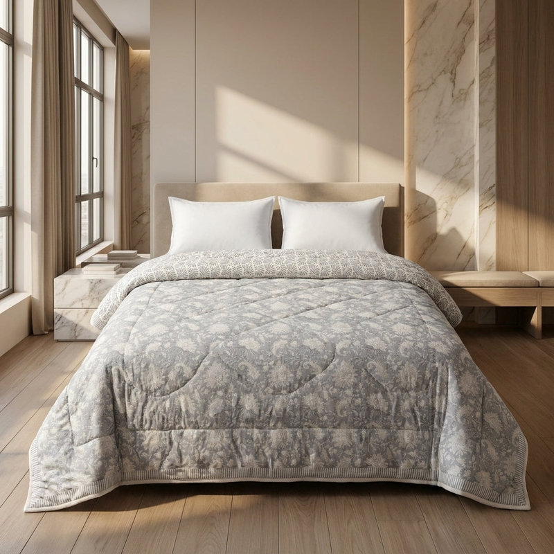 House of Avana Cream & Rose Pink Botanical Floral Jaipur Indian Hand Block Print Quilted Comforter, Queen