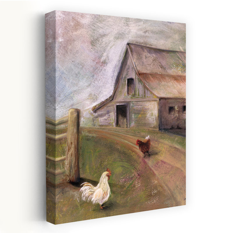 Poulets dans la basse-cour, architecture contemporaine, art de paysage, H 36 po x l 24 po