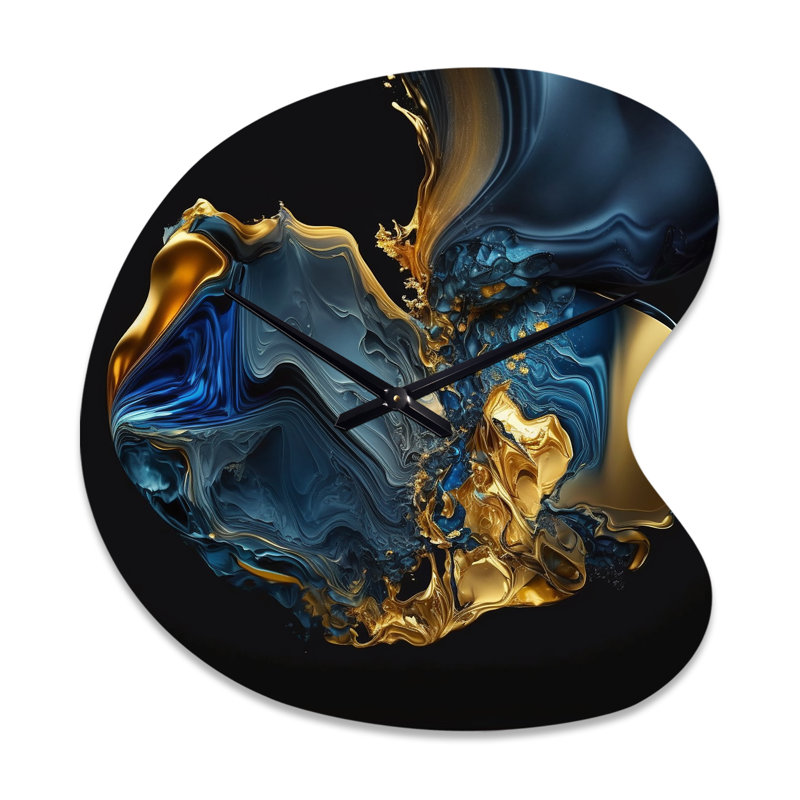Horloge murale abstraite géométrique en marbre bleu et doré - encre liquide, forme unique, horloge murale moderne asymétrique