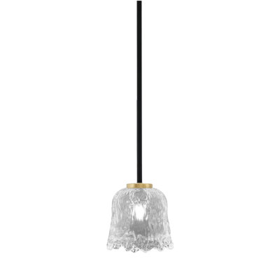 Mini suspension Arran Stem présentée en finition noir mat et laiton New Age avec verre lave transparent de 18 cm