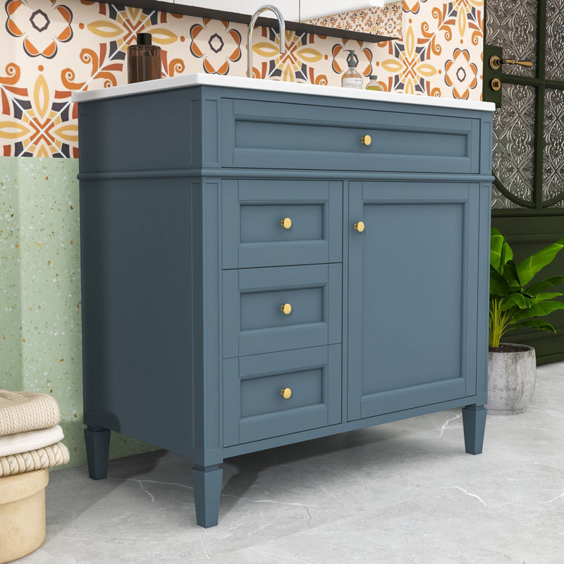 Meuble-lavabo en bois avec lavabo supérieur, 2 tiroirs et un tiroir basculant