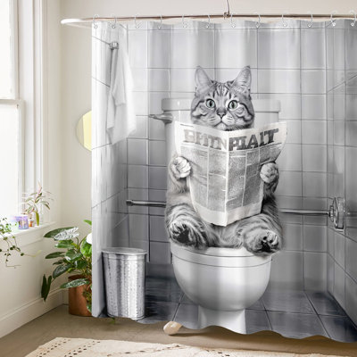 Funny Cat Shower Curtain Waterproof for Bathroom Black and White With Hooks 72''×72''
