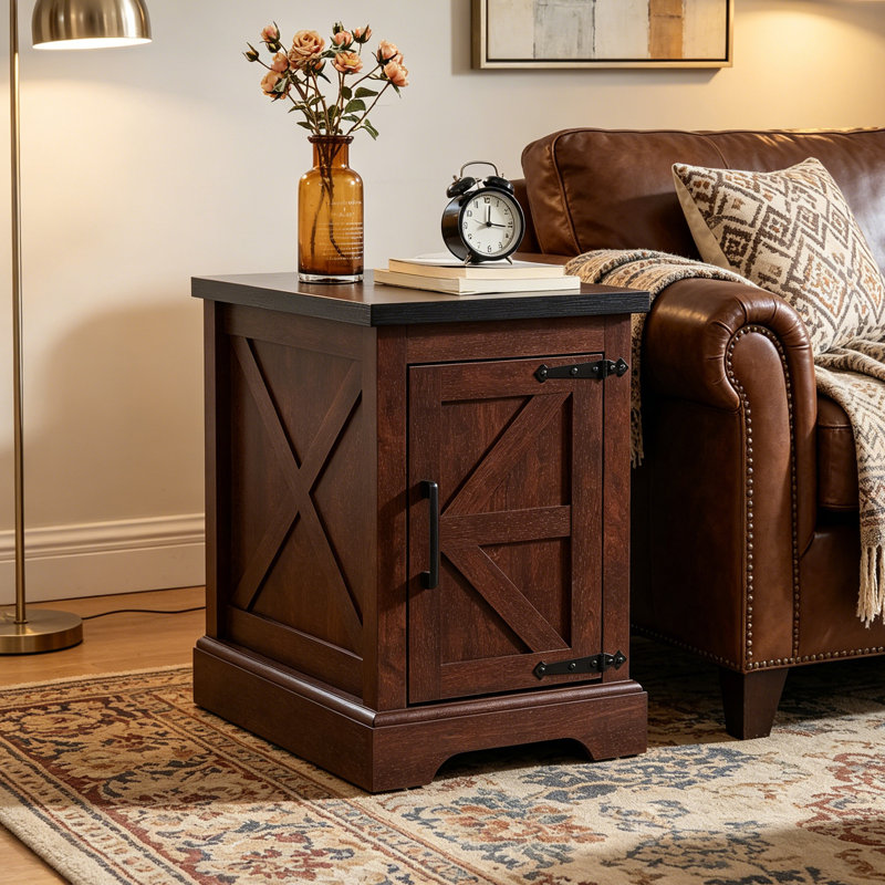 24" Farmhouse Barn Door End Table, Rustic Rectangular Sofa Side Table with Adjustable Storage Shelf, Modern Nightstand for Living Room, Bedroom, Oak