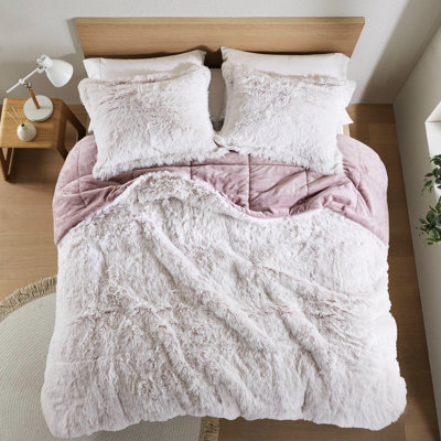Édredon en fausse fourrure à poil long double / grand de 3 pièces en rose et blanc, envers doux et chaud, rembourrage en duvet synthétique, lavable à la machine, - blanc, lavage à froid