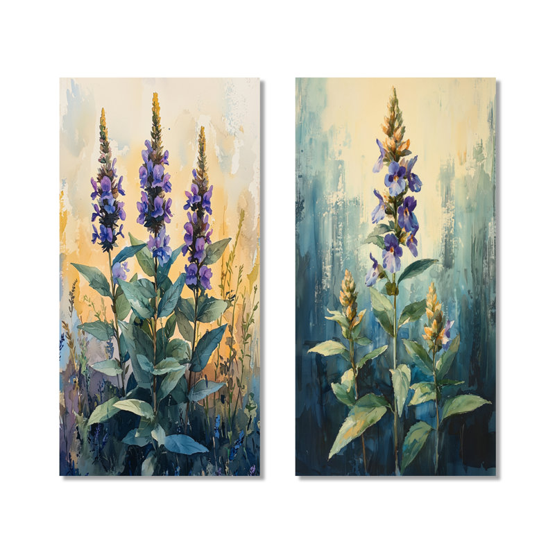 Herbal Serenity in Green Pastels Impressionist I - mauve botanique, ensemble de 2 décorations murales en métal, 32" H x 32" W