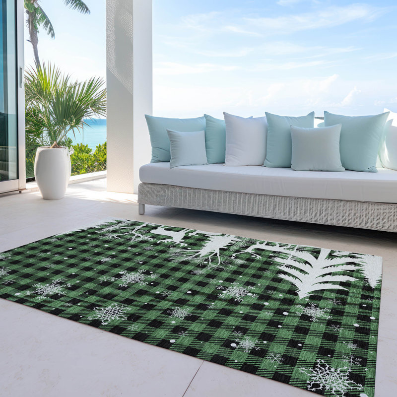 Machine Washable Indoor/Outdoor Christmas Reindeer Xhevrie Green Rug, Rectangle 8' x 10'