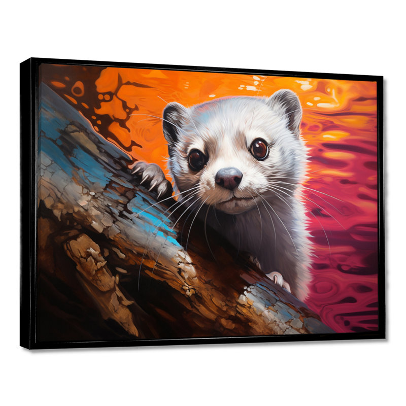 Adorable loutre sur un arbre au bord de l'eau au coucher du soleil I - loutre, art mural, Toile flottante noire encadrée