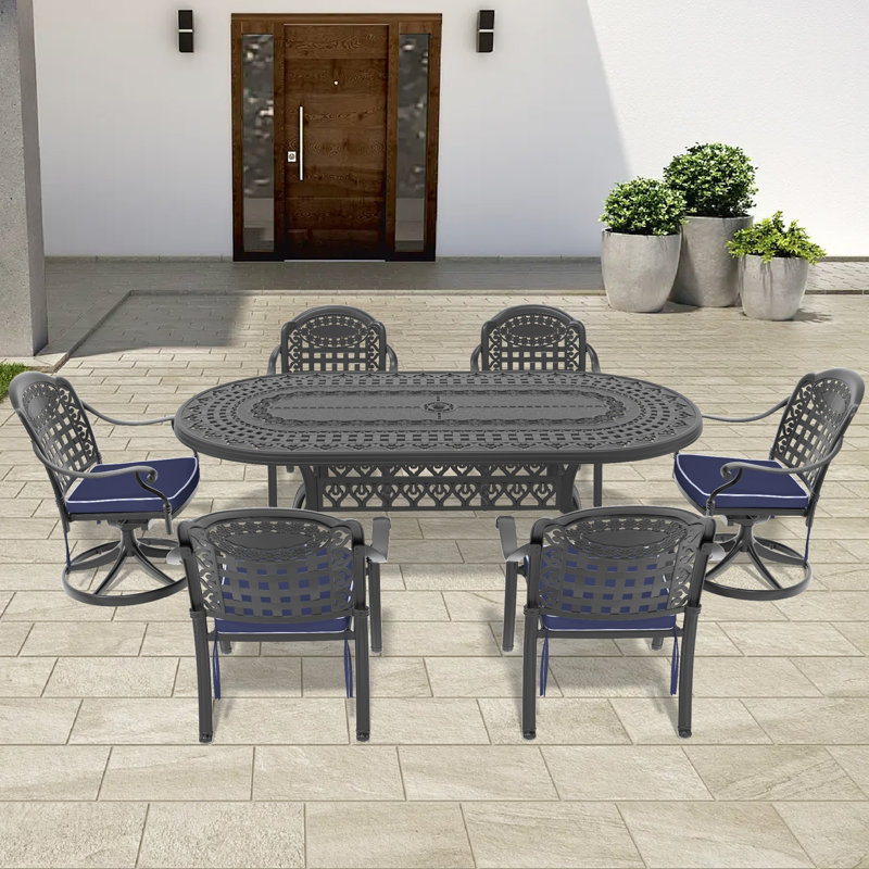 9-Piece All-Weather Cast Aluminum Dining Set, Include 2 Swivel Chairs,6 Dining Chairs and Oval Table With Black Frame, Bleu