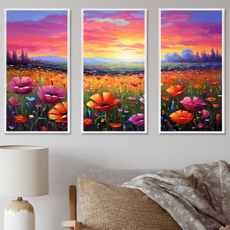 «Calming Pastel Horizon Flowers Fields I», ensemble de reproductions d'art mural, Cadre flottant blanc