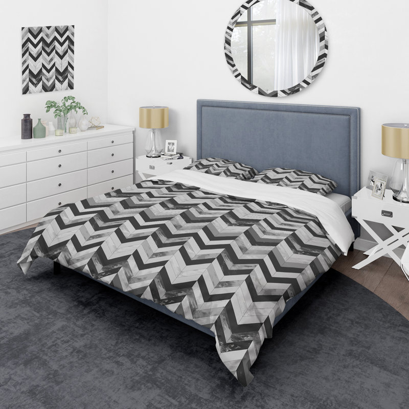 Ensemble de housse de couette moderne Gray Herringbone Flow IV - gris, Housse de couette simple et deux taies décorative