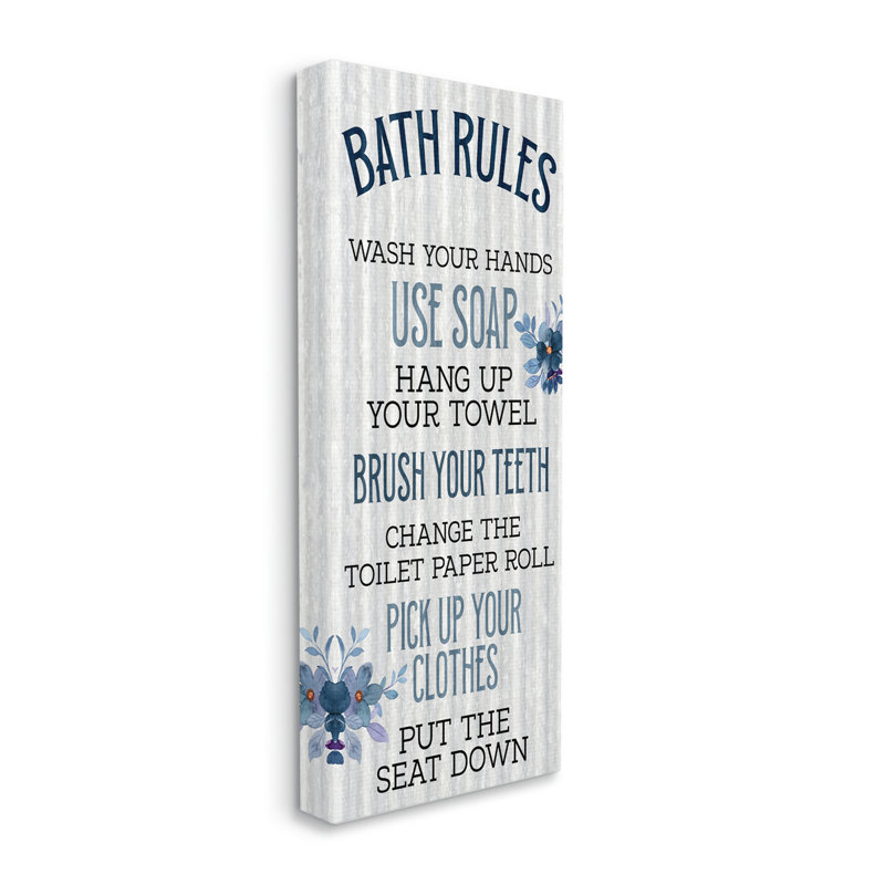 «Bathroom Rules Striped Floral List» par Kim Allen, art textuel sur toile tendue, H 40 po x l 17 po x P 1,5 po