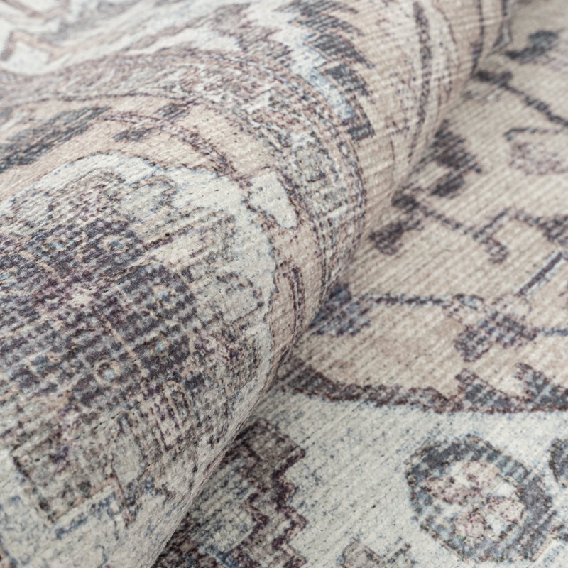 GLN Rugs Traditional Collection - Machine Washable Area Rug, Bohemian Vintage Washable Rug, Non Slip Area Rug, Low Pile Chenille Living Room Rug, Bedroom Rug, Bathroom Rug (Beige and Gray Rug)