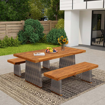 Outdoor 3 Piece Acacia Wood Dining Set with Handwoven Rattan Legs,Grey