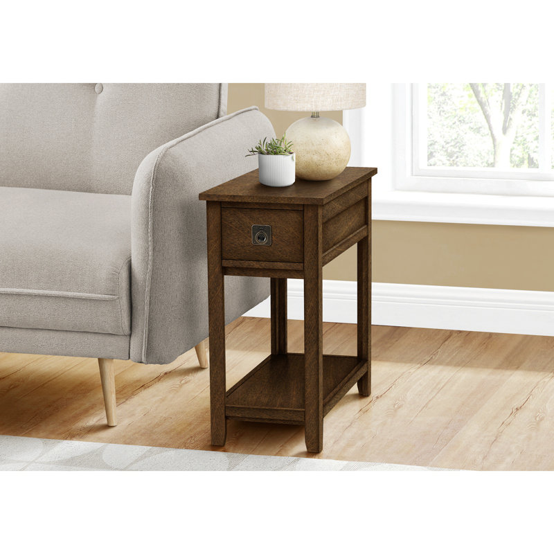 Table d'appoint, table de bout, table de chevet, étroite, tiroir de rangement, placage brun, transitionnel