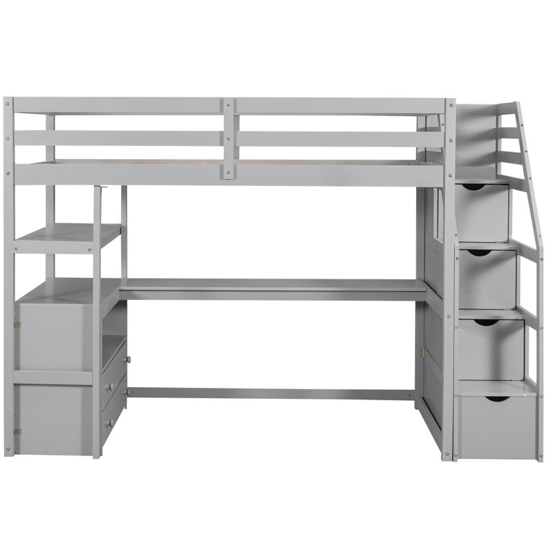 Lit mezzanine simple avec bureau, tablettes et tiroirs de rangement dans un tiroir gris, Lit simple, Gris