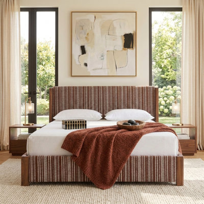 Coastal Striped Upholstered Bed with lift up Storage, Full, Ocher Linen