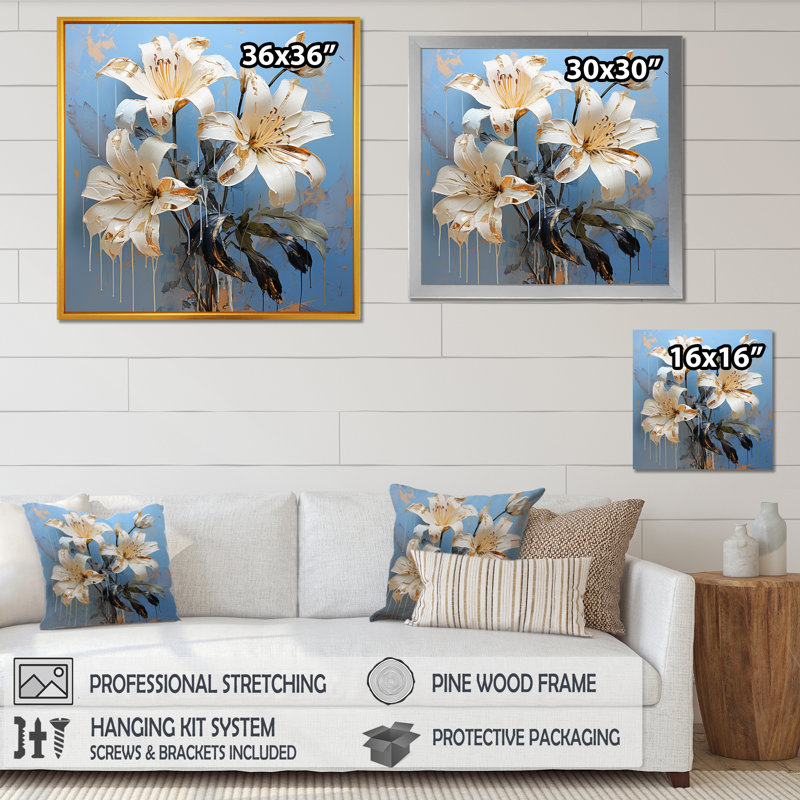 Radiant Serenade, pétales de lis sur toile, H 36 po x l 36 po x P 1,5 po, Cadre naturel flottant