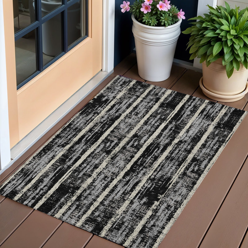 3' X 5' Black Gray And Ivory Striped Washable Indoor Outdoor Area Rug