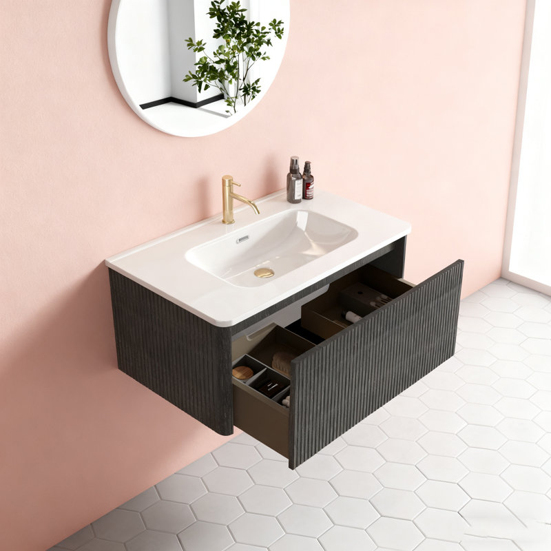 Meuble-lavabo flottant blanc - mural, lavabo 1 pièce (sans bonde / robinet), pré-assemblé