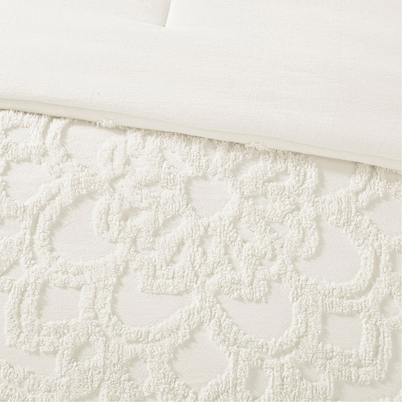 Ensemble d'édredon 3 pièces médaillon en chenille de coton capitonné blanc cassé / grand, Full/Queen Comforter + 2 Shams