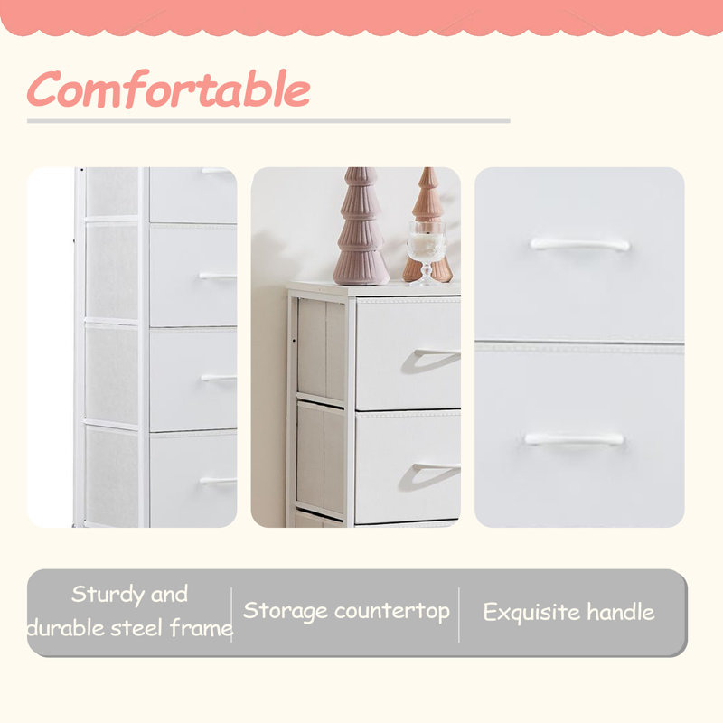 Dresser For Bedroom With 8 Drawers Tall Dresser & Chest Of Drawers Fabric Dresser With Wood Top And Sturdy Steel Frame, White