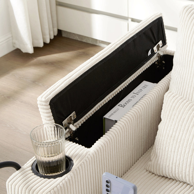 Chaise longue en velours côtelé Alice avec porte-gobelets, USB et rangement, Beige