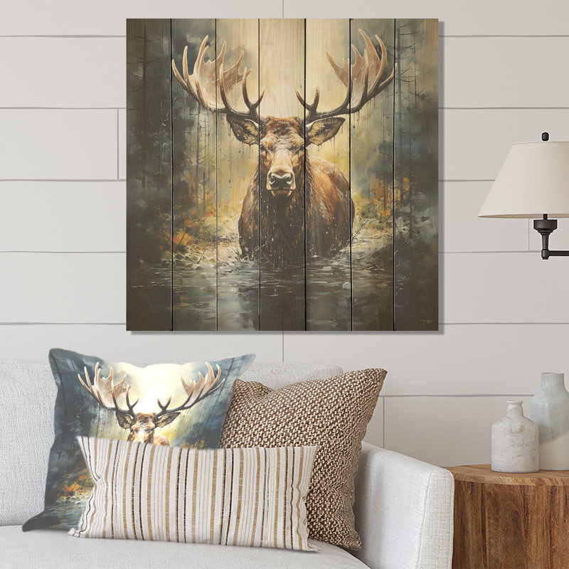 Mystic Moose In Forest I - impression d'orignal sur bois, H 15 po x l 15 po