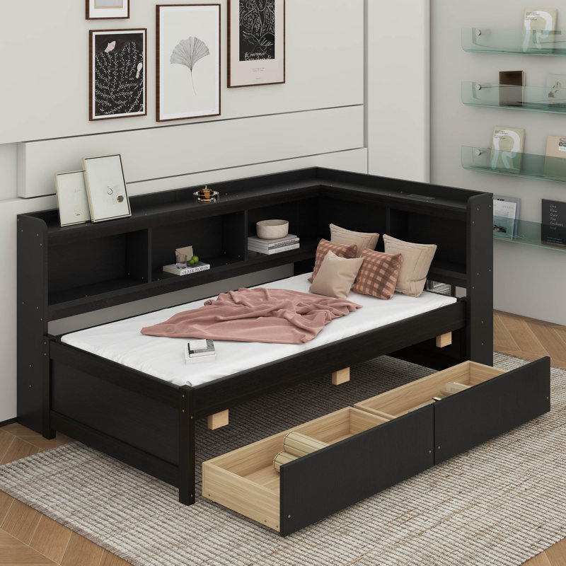 Lit simple en forme de L avec bibliothèques avec prises de courant, ports de chargement USB et 2 tiroirs, Espresso