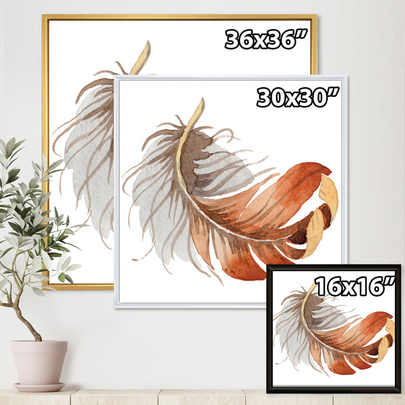 Plume d'oiseau orange et orange - Peinture sur toile, Encadrement doré, H 36 po x l 36 po x P 1,5 po