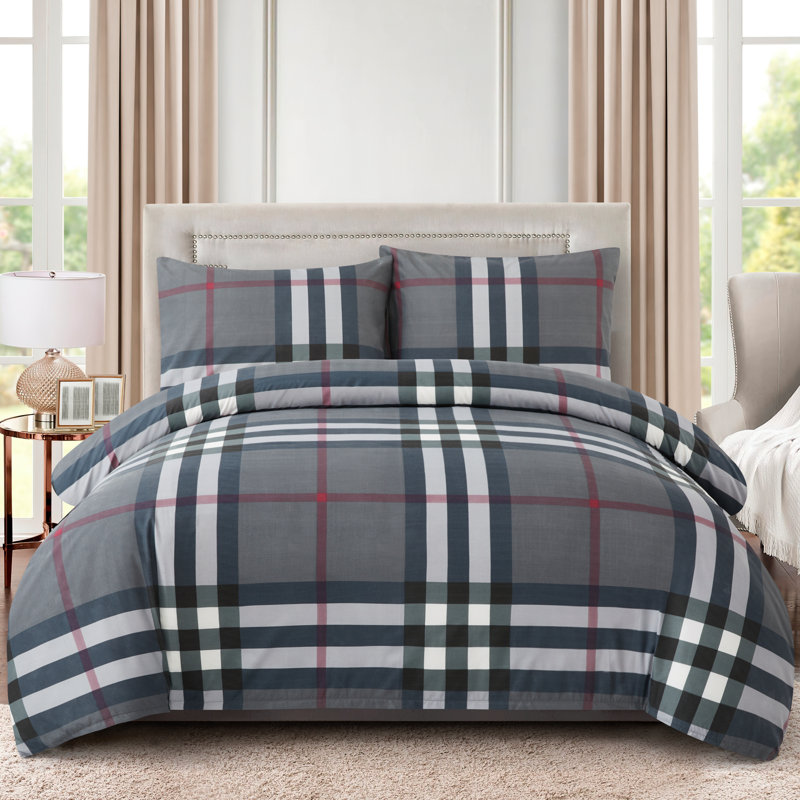 Ensemble de housse de couette avec housse de couette 4 pièces en rayonne de bambou à motif de tartan gris Marina