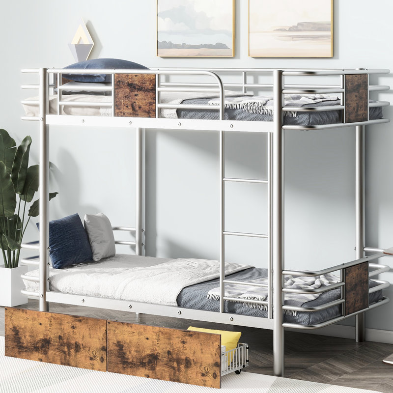 Twin Xl Over Bunk Bed In Silver With Board Guardrail And Storage - Metal Frame, Space Efficient Structure & , Functional