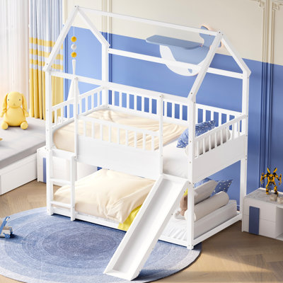 Twin Over Bunk Bed With Guardrail And Movable Slide - White Solid Stable Detachable Adjustable