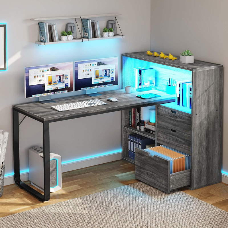 L-Shaped Computer Desk With Integrated Power Outlets, RGB LED Lighting, And File Cabinet, Featuring Ample Storage And Adjustable Shelves For Home Office Workspace