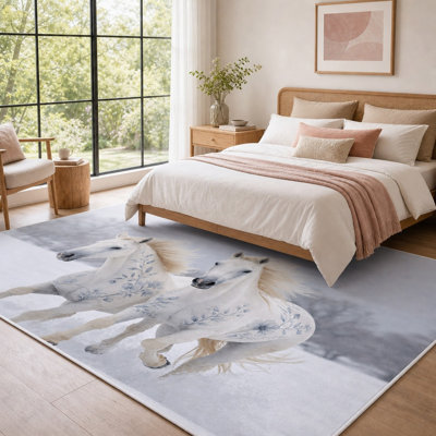 1Pcs Majestic Horses with Blue Floral Accents - Artistic Design, Home Decor Rug, Non-Slip, Washable, Easy Clean, Large Thin Area, Suitable for Living Room Bedroom Kitchen Office Indoor Use for home detor