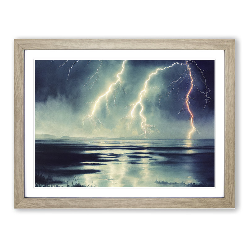 Exhilarating Lightning Storm 1 Piece Single Picture Frame Painting, 46cm H x 64cm W x 2cm D, Oak