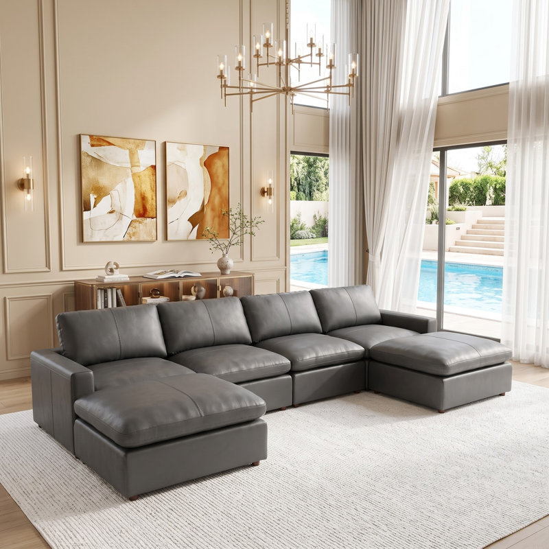 Rycharles Top-Grain Leather Large Seating Modular Sectional, Blue Gray